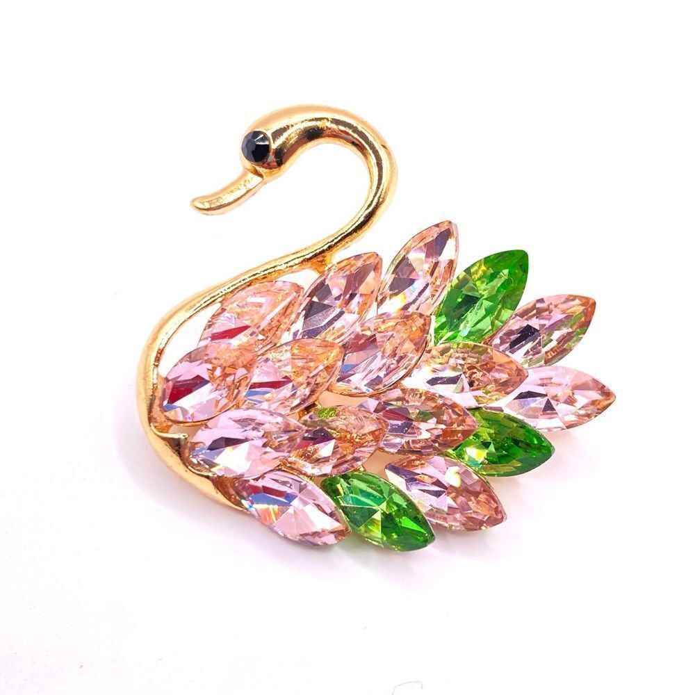 Gold Pink and Green Rhinestone Swan Brooch Pin